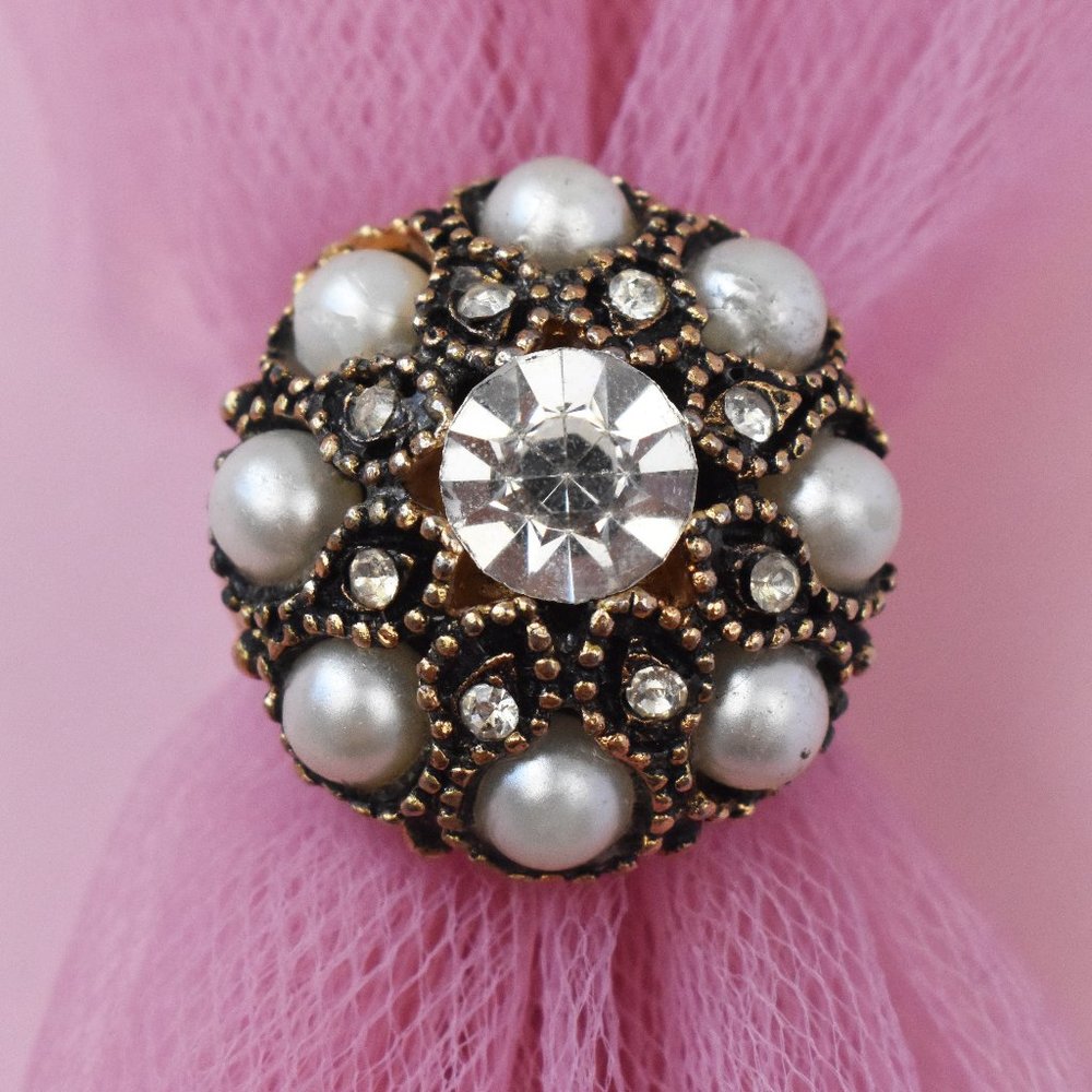 Large pearl and crystal cocktail ring, statement rhinestone ring size 6US